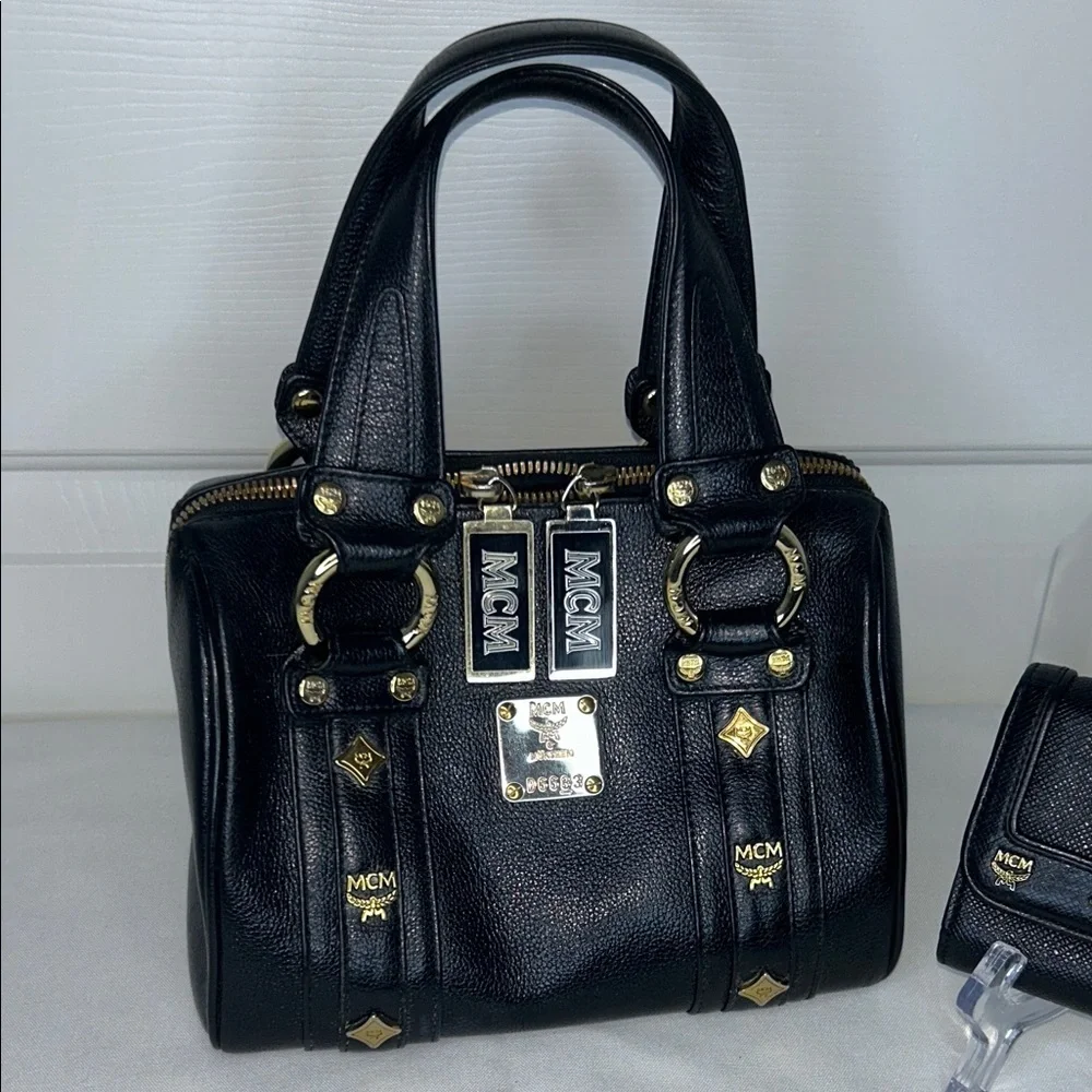 MCM Boston Mini Black Pebble Leather Bag, Matching Wallet Gold Hardware Vintage